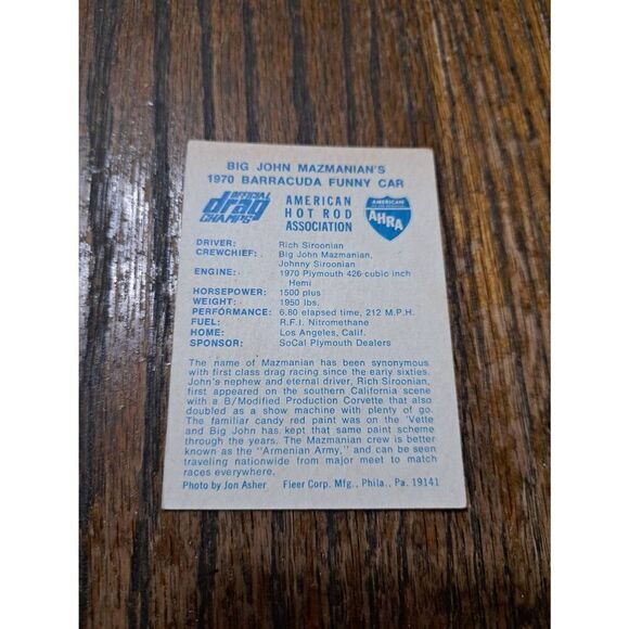1971 Big John Mazmanian Barracuda Funny Car AHRA Fleer Drag Champs Trading Card - Picture 2 of 2